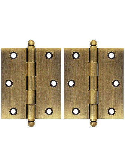 Pair of Premium Solid Brass Cabinet Hinges with Ball Tips - 3 inch x 2 1/2 inch in Antique Brass.